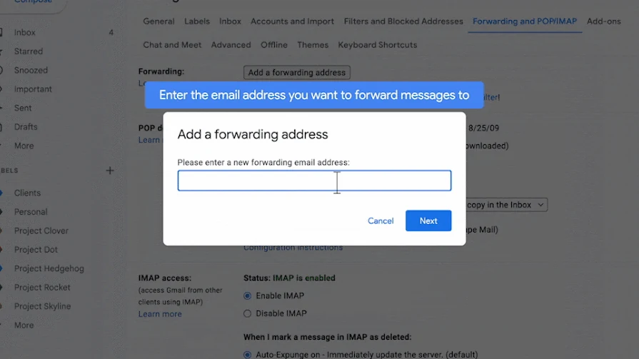 Окно Gmail, в которое нужно вставить адрес приёма Чатвы