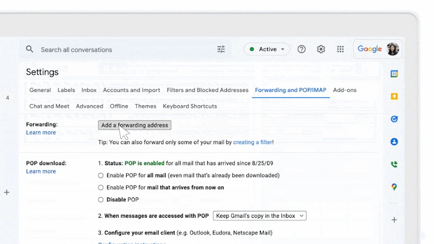 Вкладка пересылки и кнопка добавления адреса Gmail