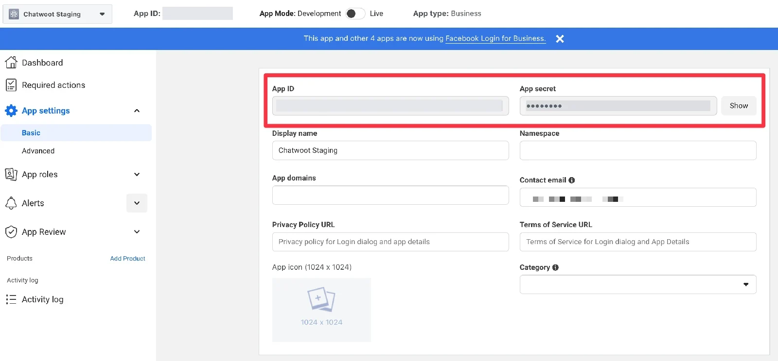 Кабинет Meta: App settings → Basic, поле App secret и кнопка Show