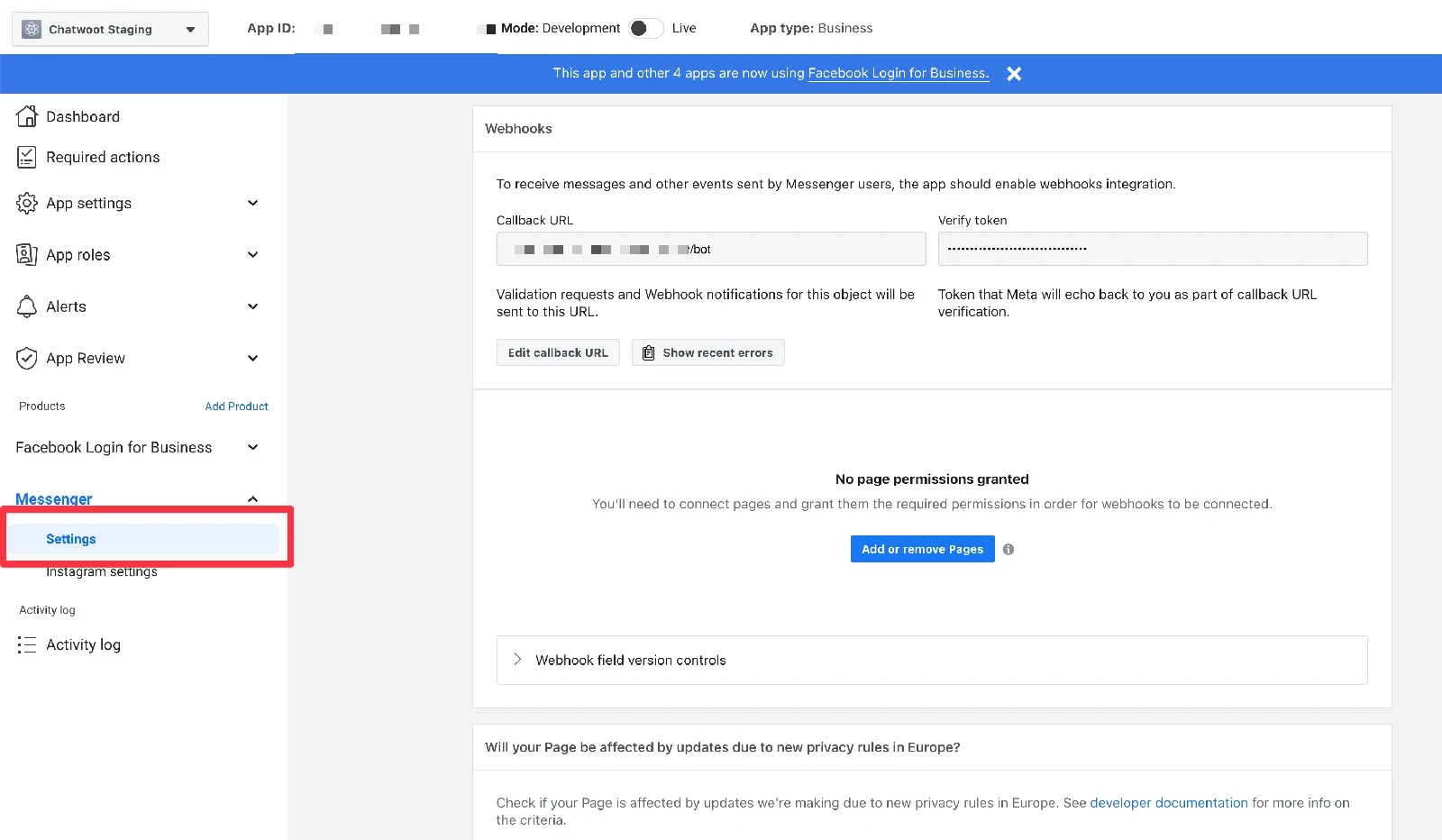 Кабинет Meta: Messenger → Settings, кнопка Add or remove Pages