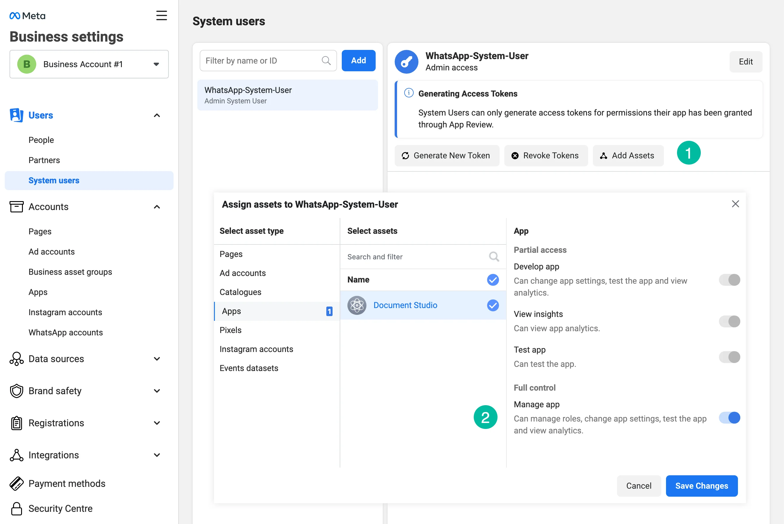 Meta Business Settings: System users → Add Assets. На опубликованном примере выбрано приложение автора; выберите своё. Вид кабинета может отличаться.