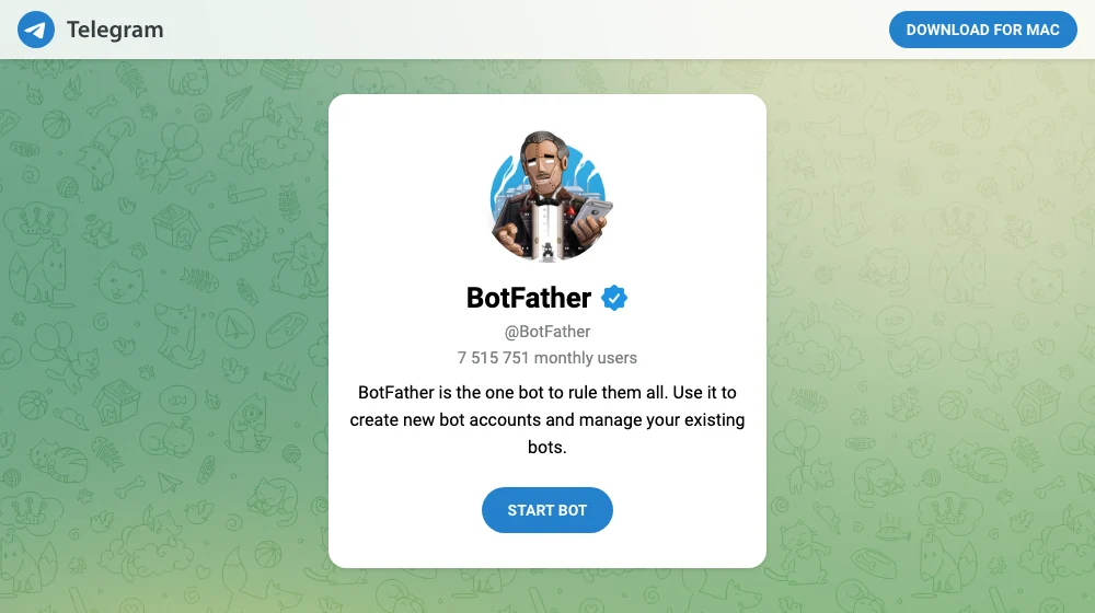 Публичная карточка настоящего BotFather: кнопка Start Bot открывает Telegram.